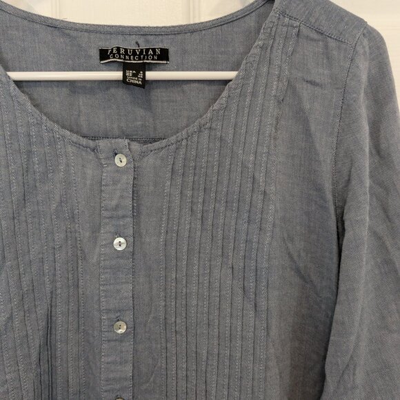 Peruvian Connection 100% Cotton Pleated Peasant Blouse Size 6 Blue Button - Picture 5 of 10